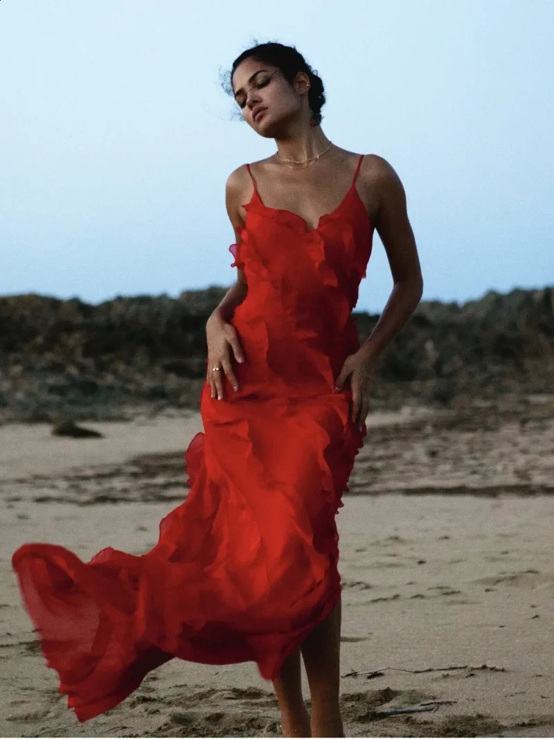 2024 Elegant Red Chiffon Slip Dresses for Women Sexy Spaghetti Strap Backless Lace-up Ruffles Long Maxi Evening Party Prom Dress 240816