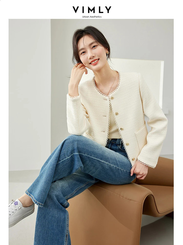 Vimly Women Elegant Cropped Tweed Jacket Woman Spring French Style O-neck Single Breasted Short Coat Female Outerwear M6655 240812