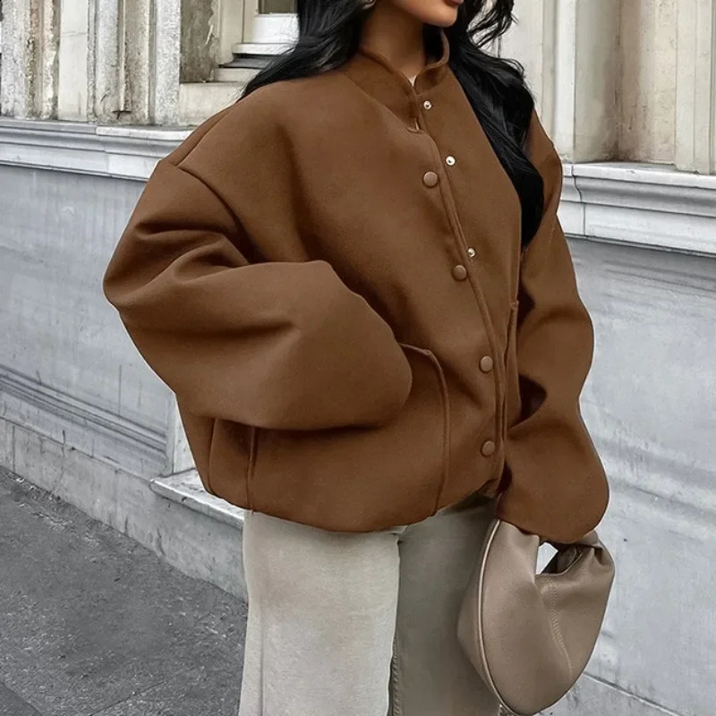 Womens Fashion Long Sleeve Brown Tweed Thick Coat Temperament Commuting Female Clothes Winter Women Elegant Loose Jacket 240812