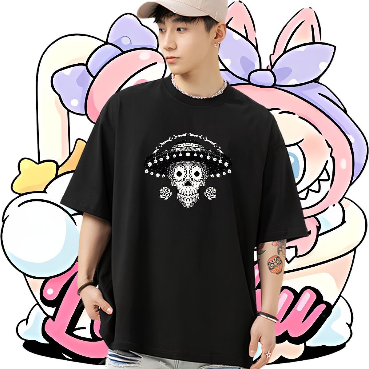 DIY Customized Mens T Shirts skull Top Tees 230g Pure Cotton Outdoor Loose Cartoon Printing L-4XL Short Sleeve O-Neck Mens Tshirts