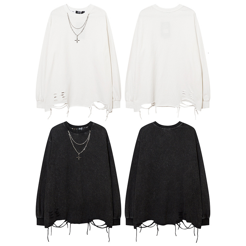 Solid Color Cut Open Hole Hem with Chain Loose Dark High Street Oversized Extended Long Sleeved T-shirt Mens Clothing