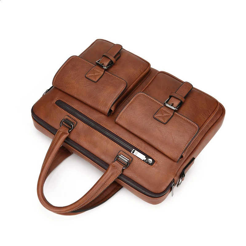 Mens administrative briefcase PU leather retro handbag mens laptop 14 messenger cross body Ita bag 240810