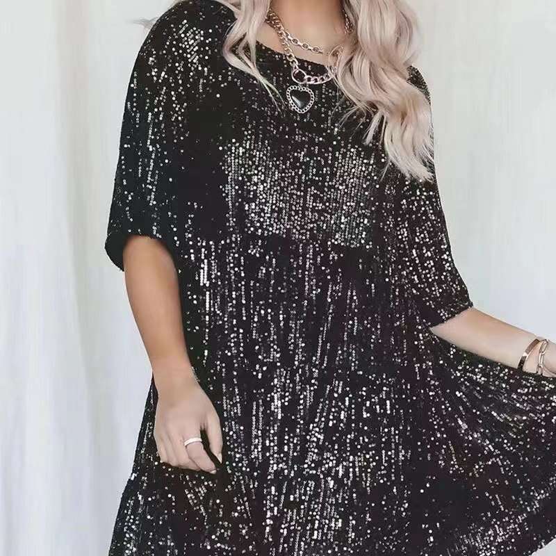 New Fashion Sequin Round Neck Loose Waist Sleeve Short Banquet Dress Waist Self-cultivation Bifurcated Novelty Temperament Lace Dress Silk Dress