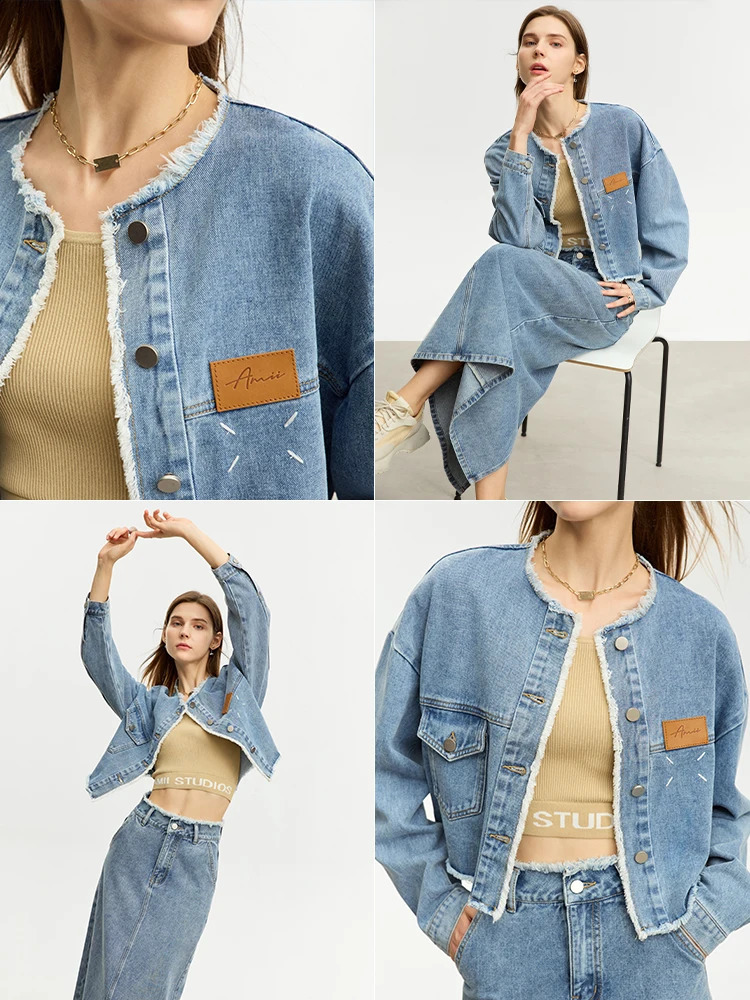 AMII Minimalist Denim Womens Dress Set Autumn Crew Collar Loose Coat Straight Leather Two Piece 12343096 240810