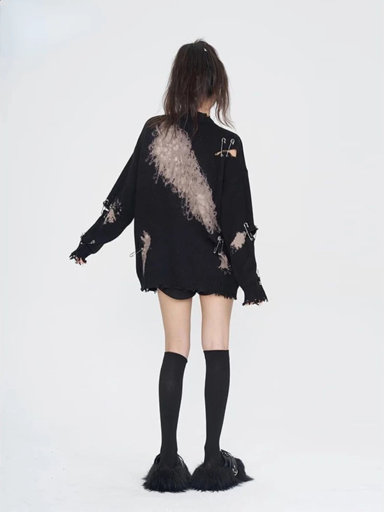 HOUZHOU Harajuku Gothic Sweater Women Streetwear Hollow Out Y2k Tops Autumn Winter Knitted Pullovers Oversized Vintage Sweater 240812