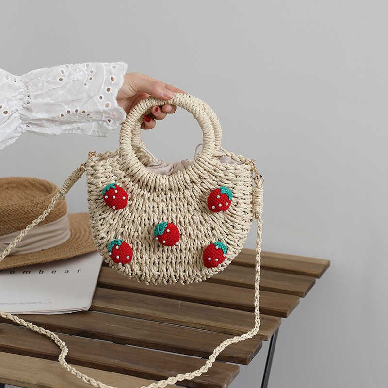 CMM New Cute Cherry Fresh Straw Woven Bag Handheld Woven Bag Strawberry Crossbody Bag Holiday Beach Bag