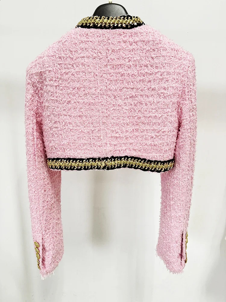 High Quality Chain Decoration Lady Fall Winter Long Sleeve Lady Elegant Tweed Short Coat 240812