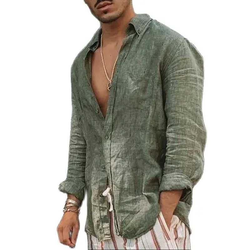 Summer Mens Linen Long Sleeve Shirt Thin Cool Clothes Loose Hawaiian Korean Fashion Street Dress New T-shirtXJ240812