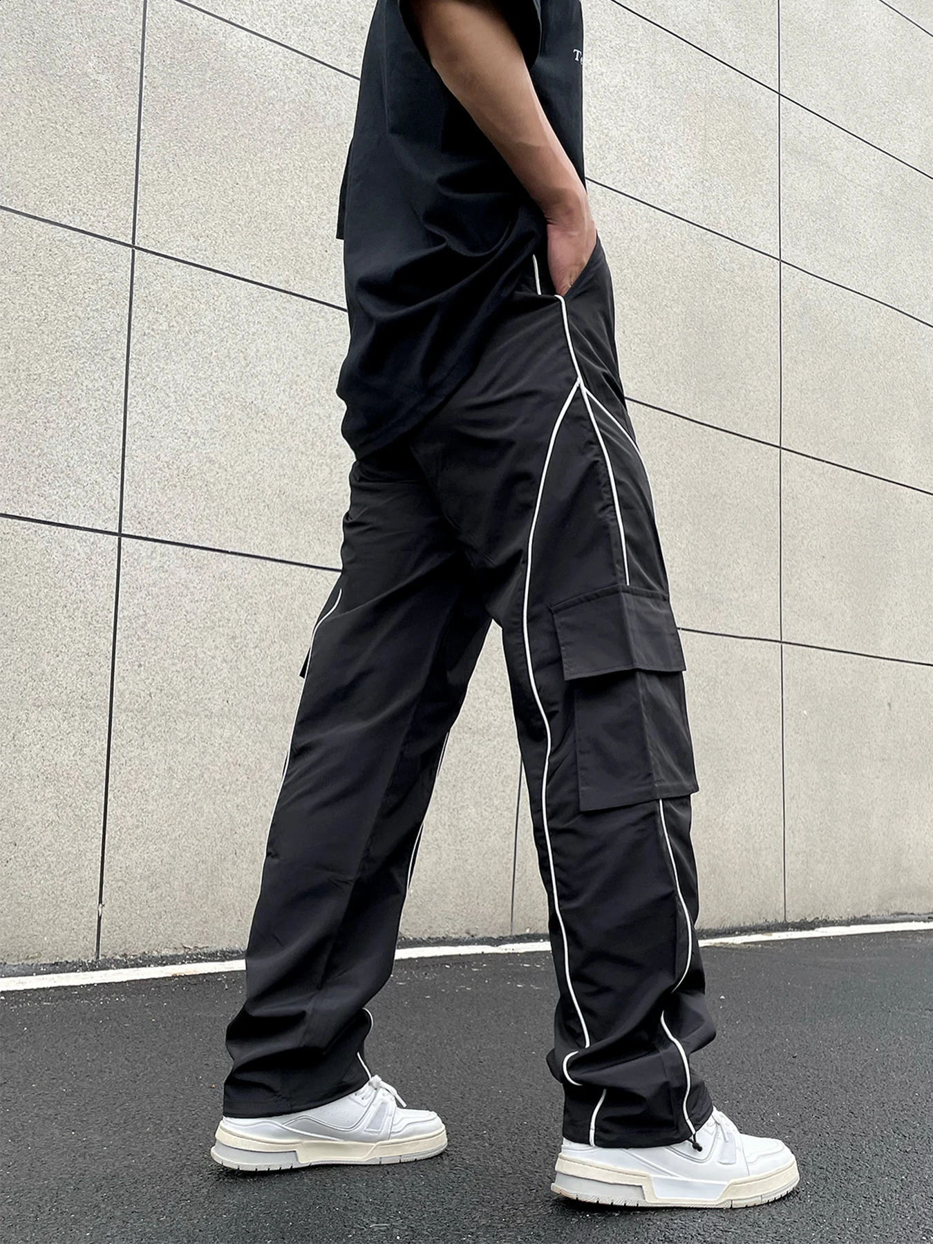 Y2K Solid Striped Contrast Trim Drawstring Pants Casual Loose Elastic Waist Pants For Spring Fall Mens Clothing 240812