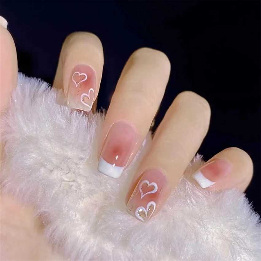 24 pieces/set long ballet wearing fake nail art pink and white pasted on nails artificial nail products for girls and professionals W240810