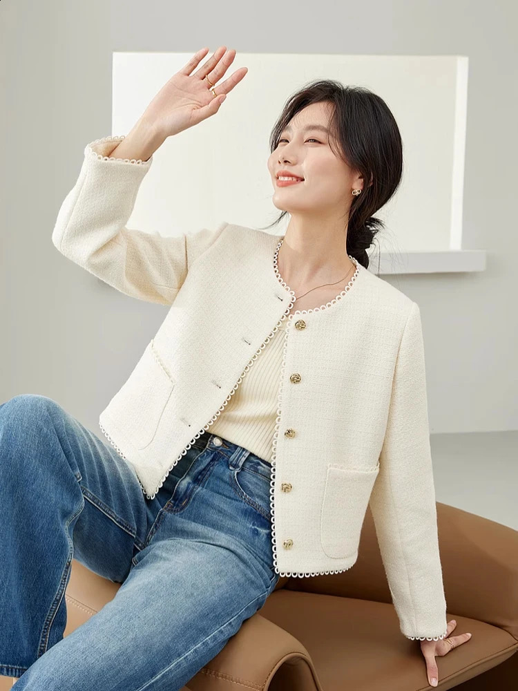 Vimly Women Elegant Cropped Tweed Jacket Woman Spring French Style O-neck Single Breasted Short Coat Female Outerwear M6655 240812