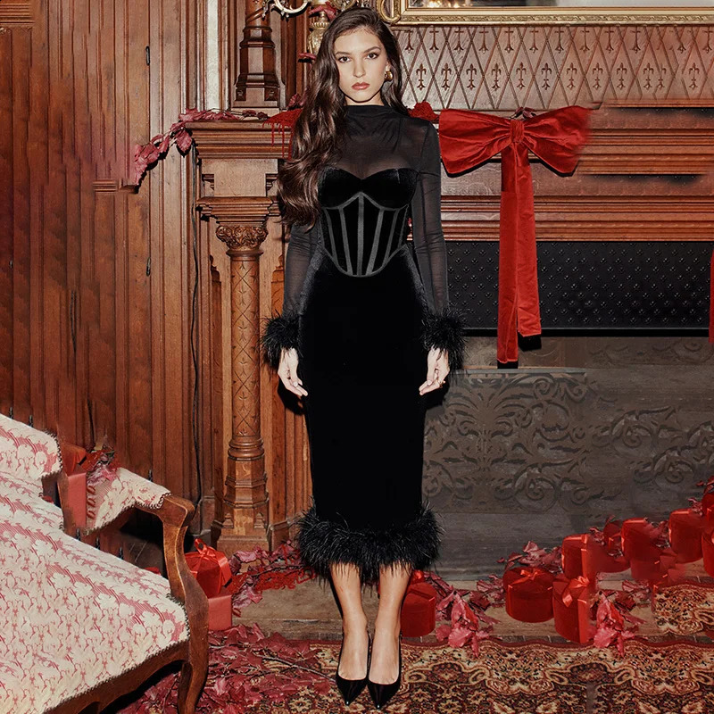 Long Dress With European And American Style Fashionable Fur Waist And Mesh Splicing Korean Velvet Dress For Women YL23648PF 240812