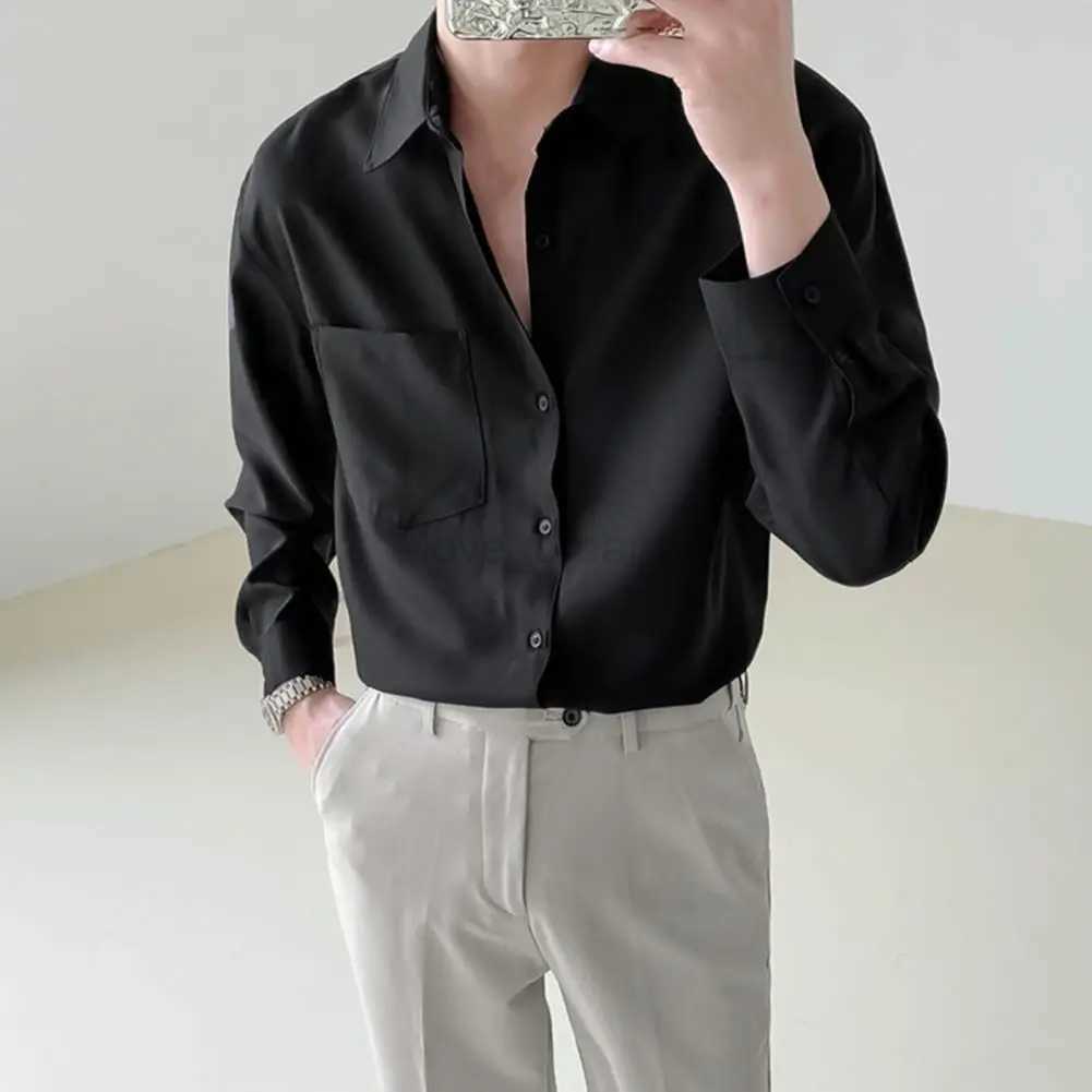 Casual Men Lapel Long Sleeve Single-breasted Patch Pocket Draped Men Shirt Slim Fit Solid Color Business Dress Shirt TopXJ240812