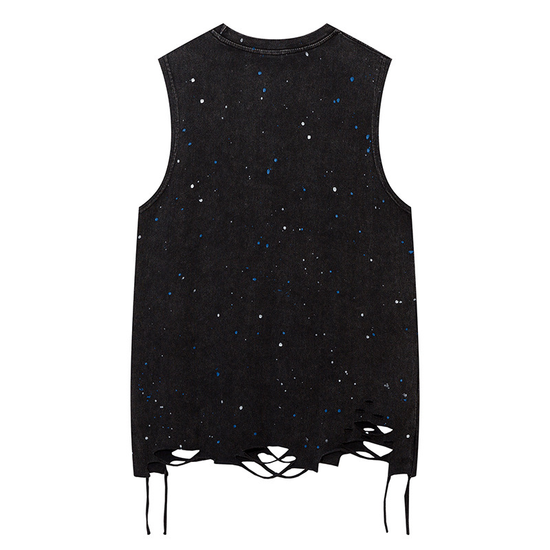 Mens Trendy Style Starry Sky Design with Splashing Ink and Chain Cut Broken Hole Bottom Abi Feng Tank Top