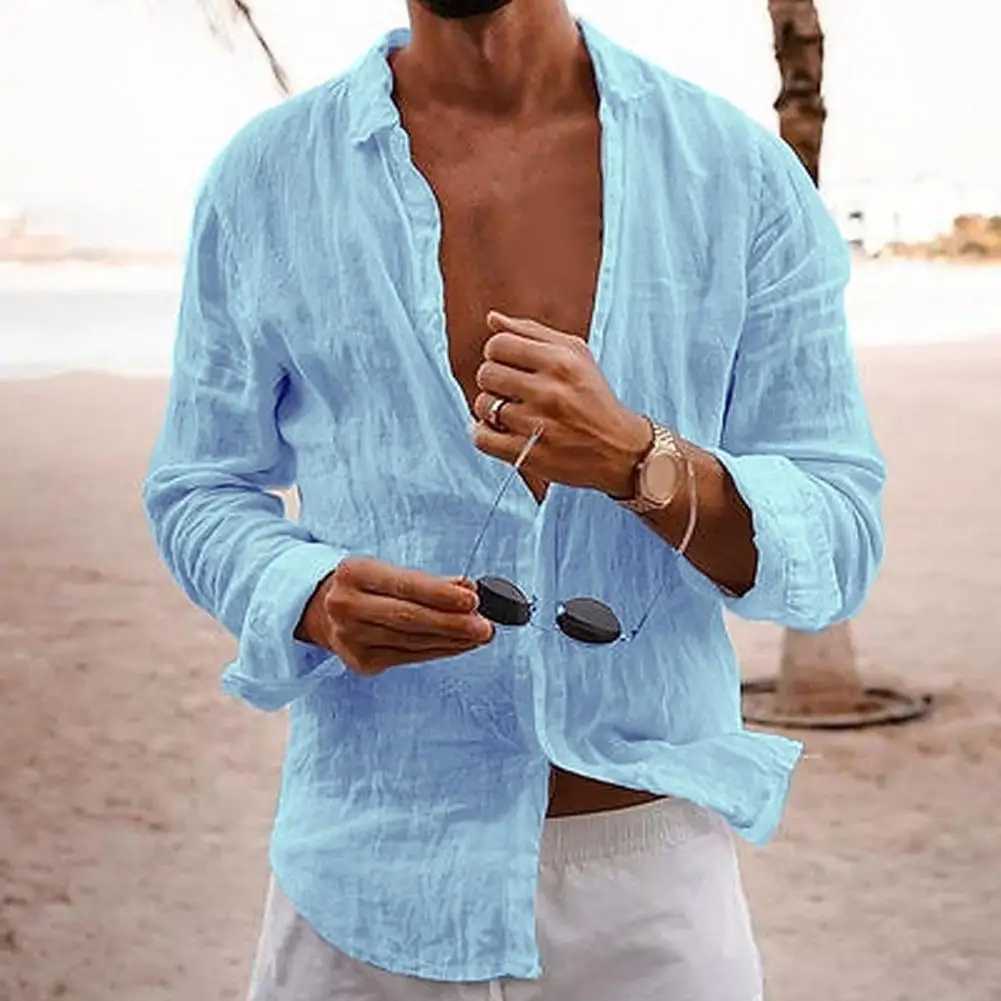 Cotton Linen Men Lapel Long Sleeve Shirt Tops Pleated Thin Solid Color Single Breasted V-neck Casual Shirt Tops Breathable ShirtXJ240812
