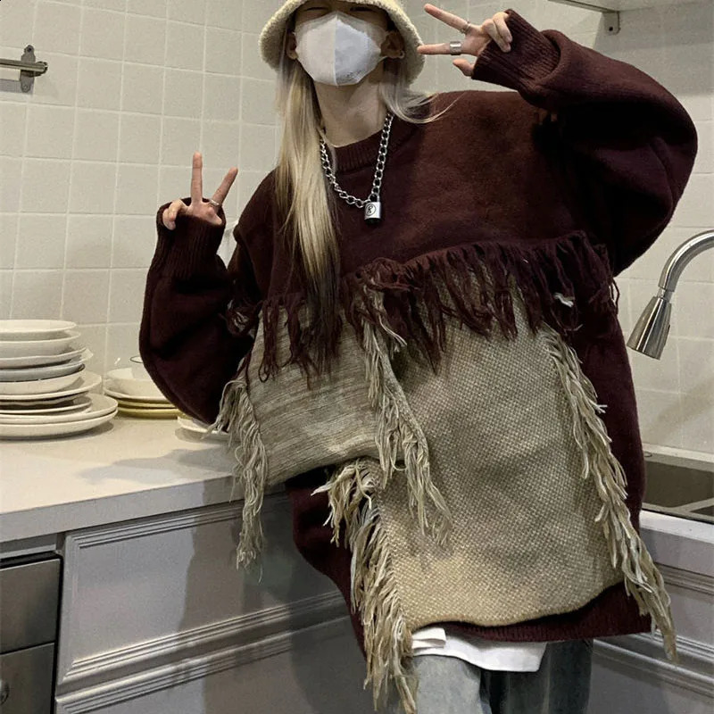 Gidyq Women Patchwork Knitted Sweater Korean Fashion Tassel Female Loose Jumper Casual Streetwear Pullover Tops Autumn 240812