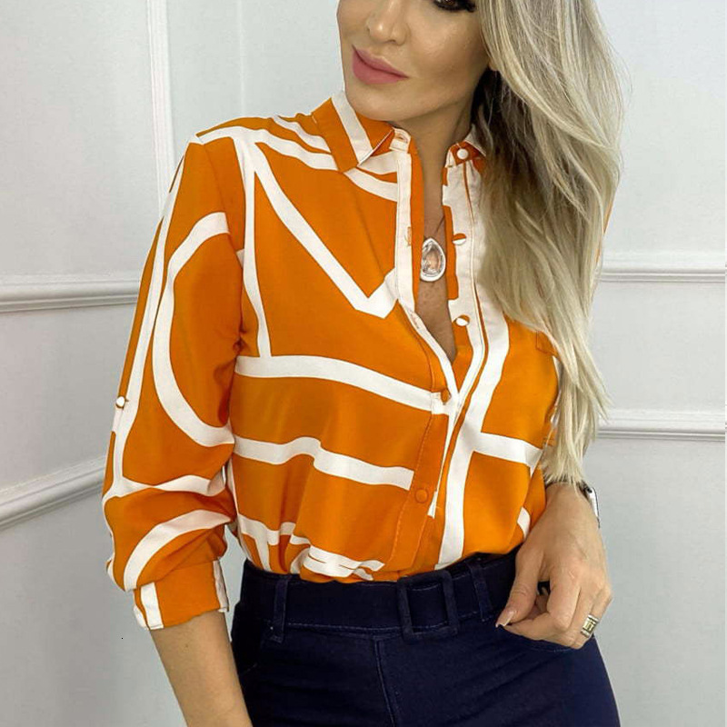 2024Spring and Autumn Womens Blouse Printed Button Long sleeved Shirt for Women