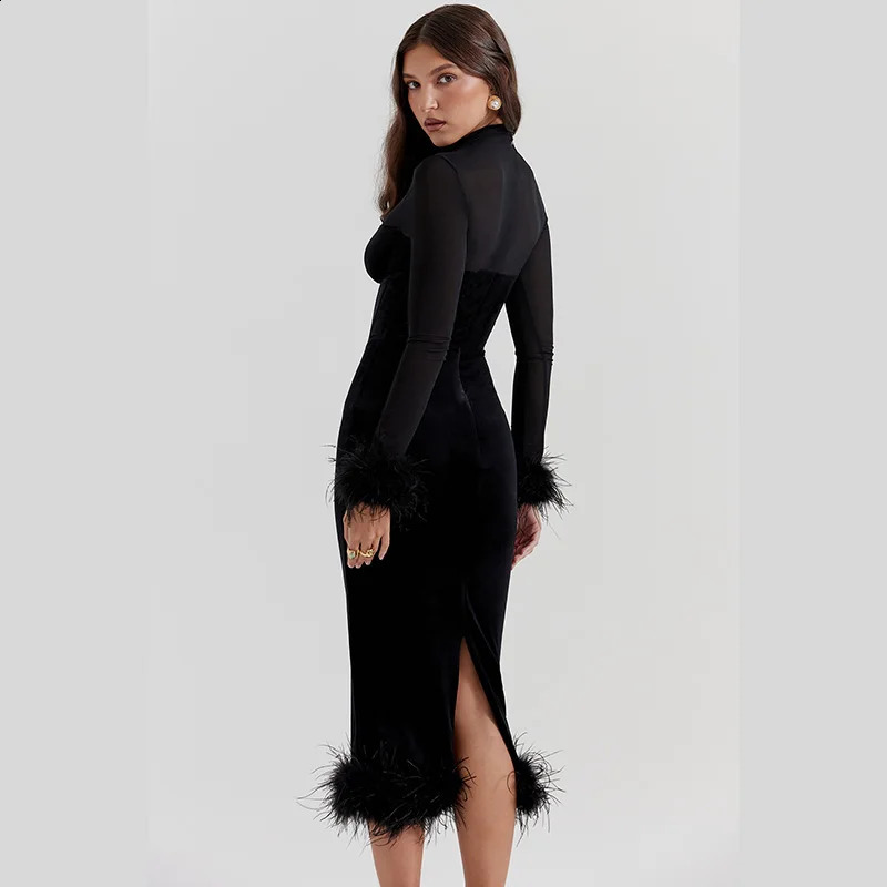 Long Dress With European And American Style Fashionable Fur Waist And Mesh Splicing Korean Velvet Dress For Women YL23648PF 240812