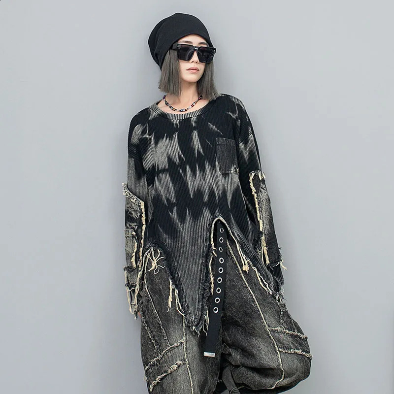 Woman Autumn Personality Vintage Distressed Tie-dye Denim Irregular Long Sleeve Knit Patchwork Streetwear Sweater O-neck Top 240812