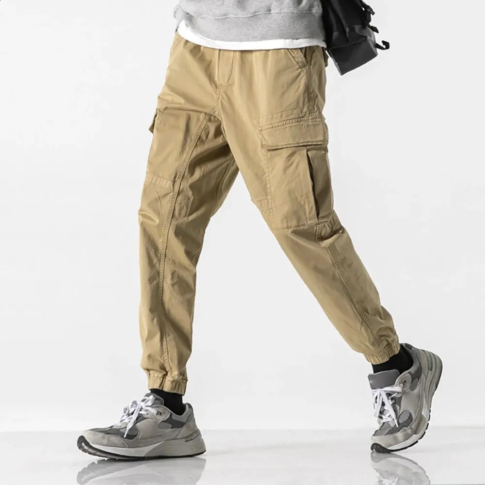 Mens Spring And Fall Loose Multi-Pocket Drawstring Work Pants Outdoor Washed Vintage High Street Hip-Hop Casual Pants 240812