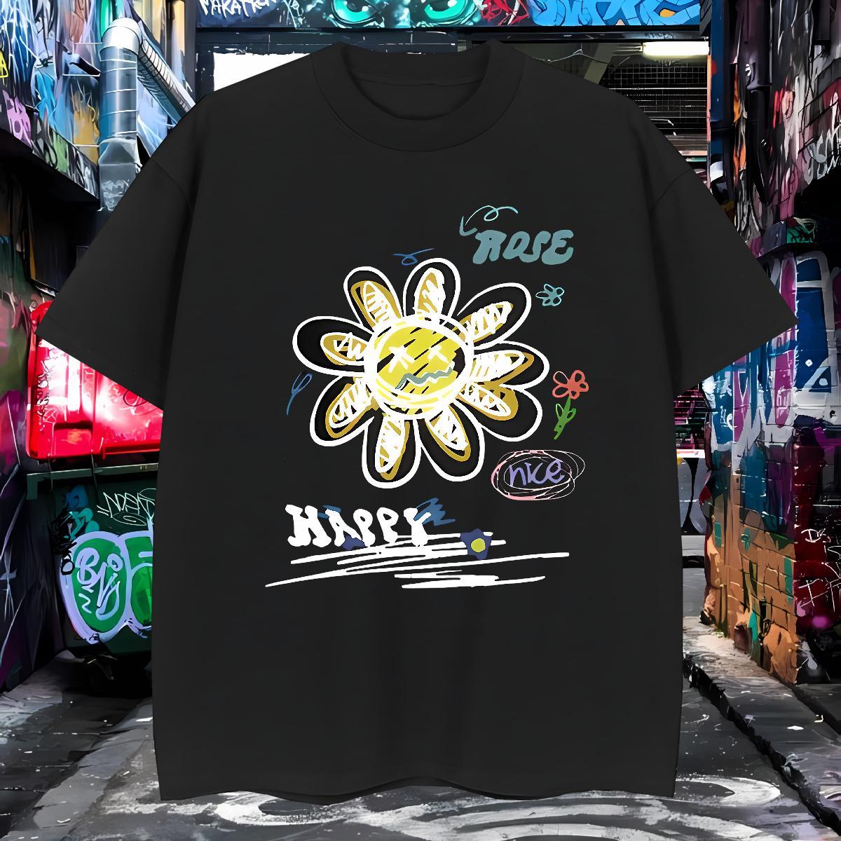 T-Shirts for Men 230g Pure Cotton flower Home Outdoor O Neck Short Sleeves Custom Cartoon Tshirts Wholesale Cool Tops