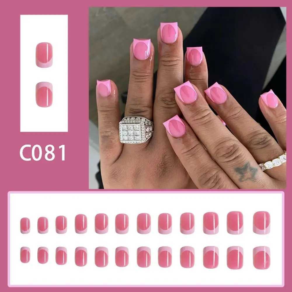 24 pieces of short square fake nails French white border fake nails pink fake nails fully covered and pressed nail tips W240810