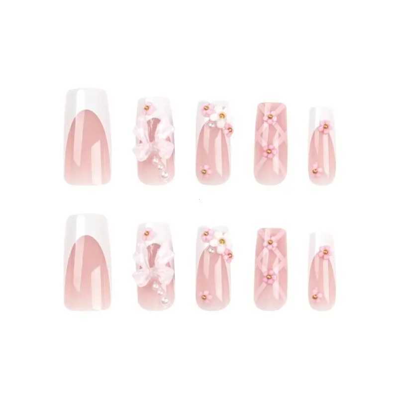 24 pieces of pink bow design fake nails ballet long pressed nails pearl wearable coffin fake nails French square finger nails W240810