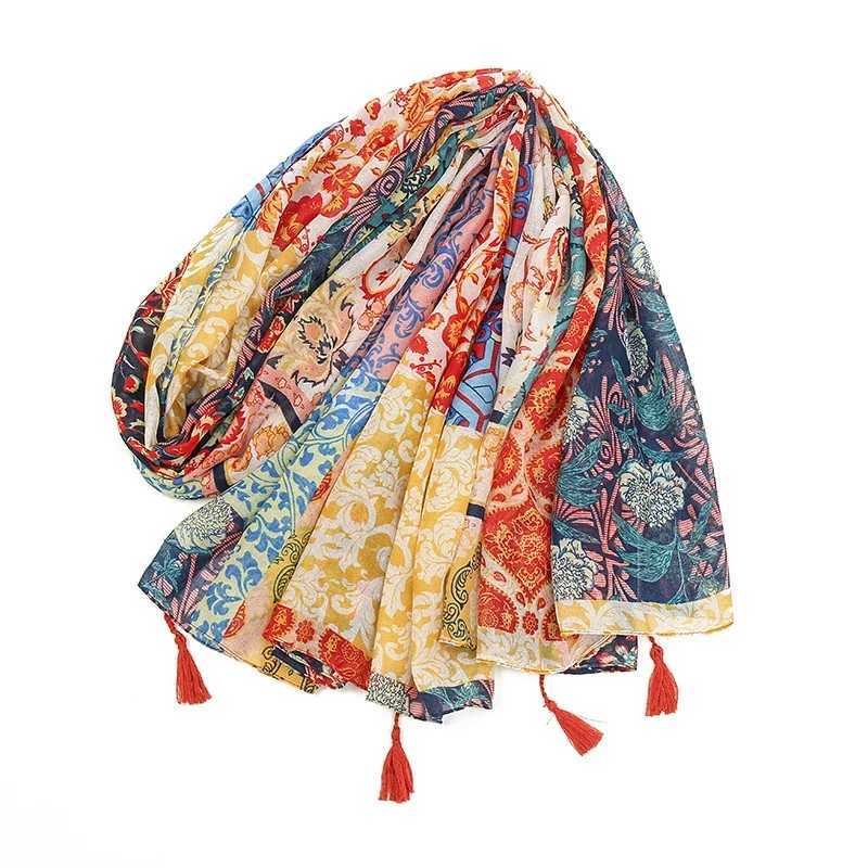 Elegant printed headscarf with cotton adhesive tassel shawl suitable for womens fashionable beach long scarf womens floral headscarf 185 * 100cm W2408