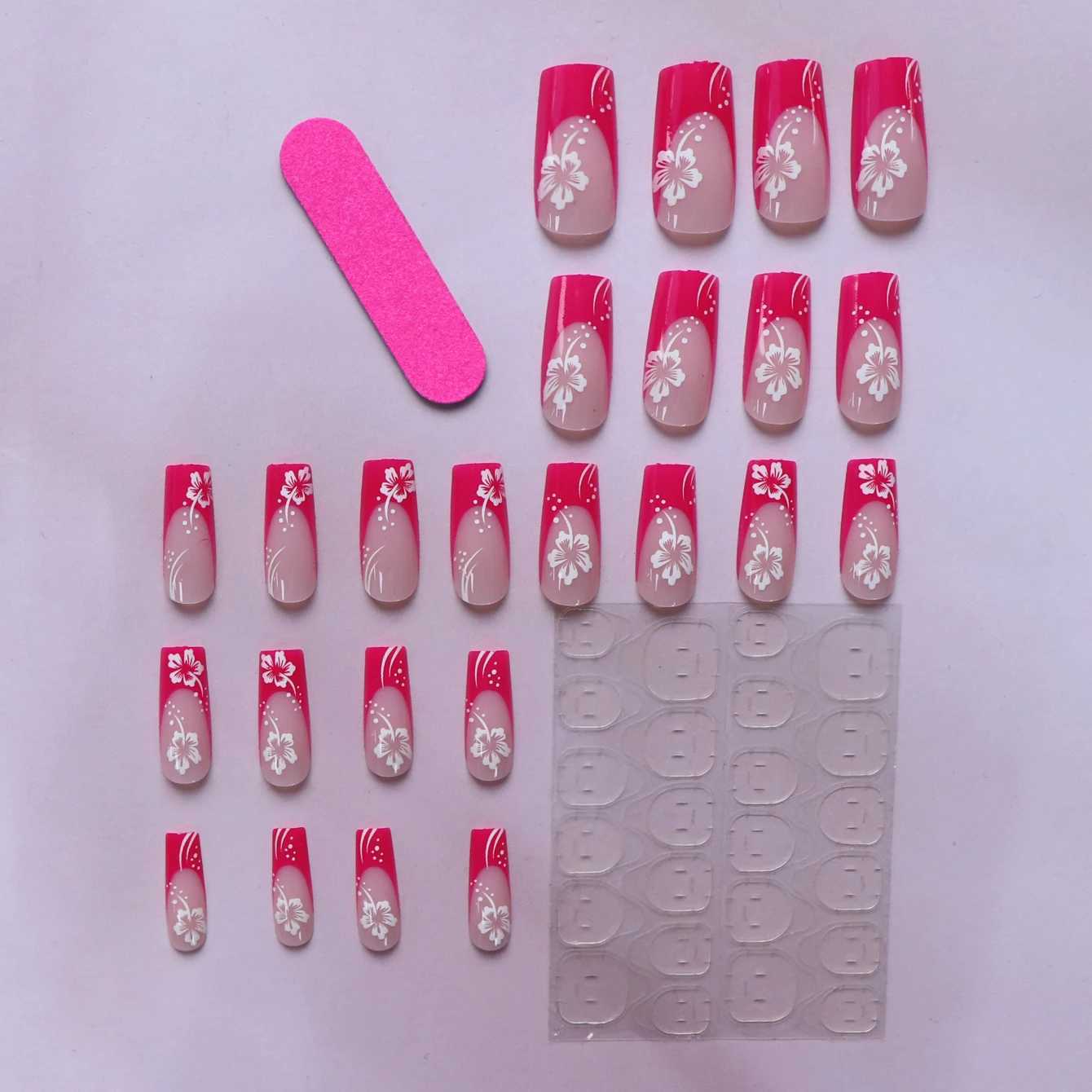24 sweet cherry red printed cotton satin full set of fake nails French white suitable for womens daily wear 1 nail file and W240810