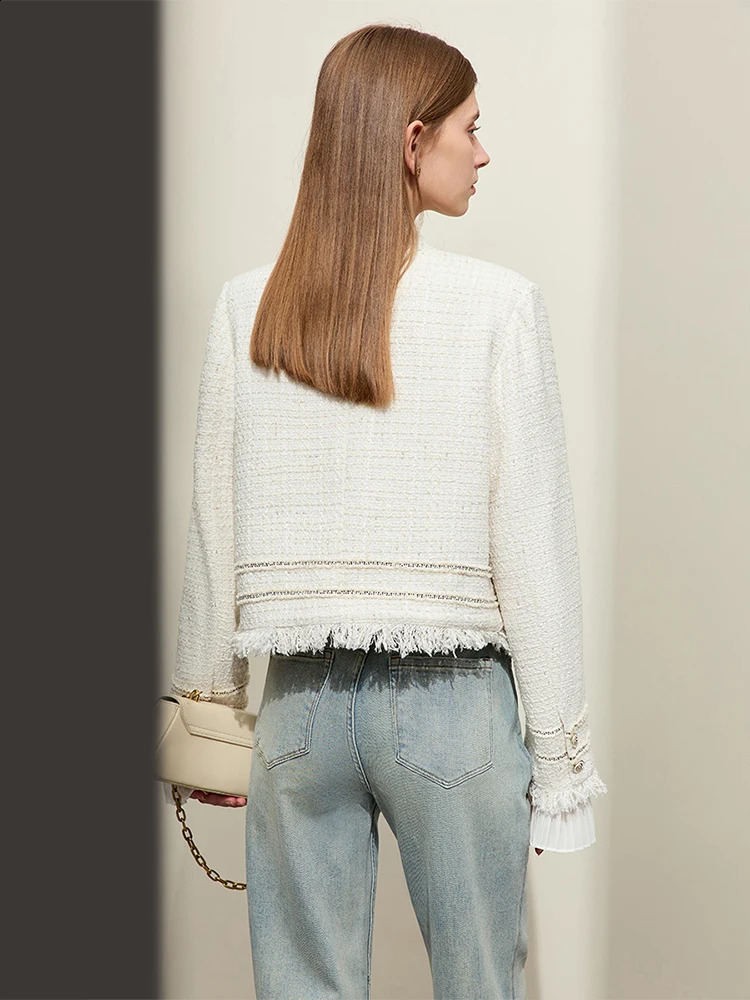 AMII Minimalism Chambray Womens Tweed Short Jackets Spring Tassel Spliced Pleated Cuffs Straight Retro Coats 12411008 240812