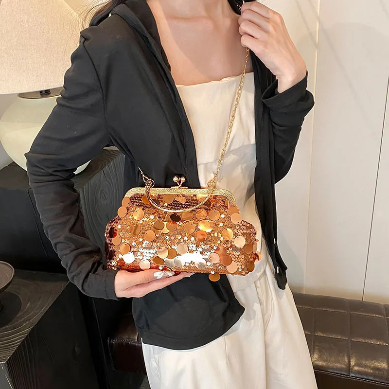 Sparkling clutch bag fashionable evening chain strap shiny shoulder large capacity top handle wallet for wedding parties 240810