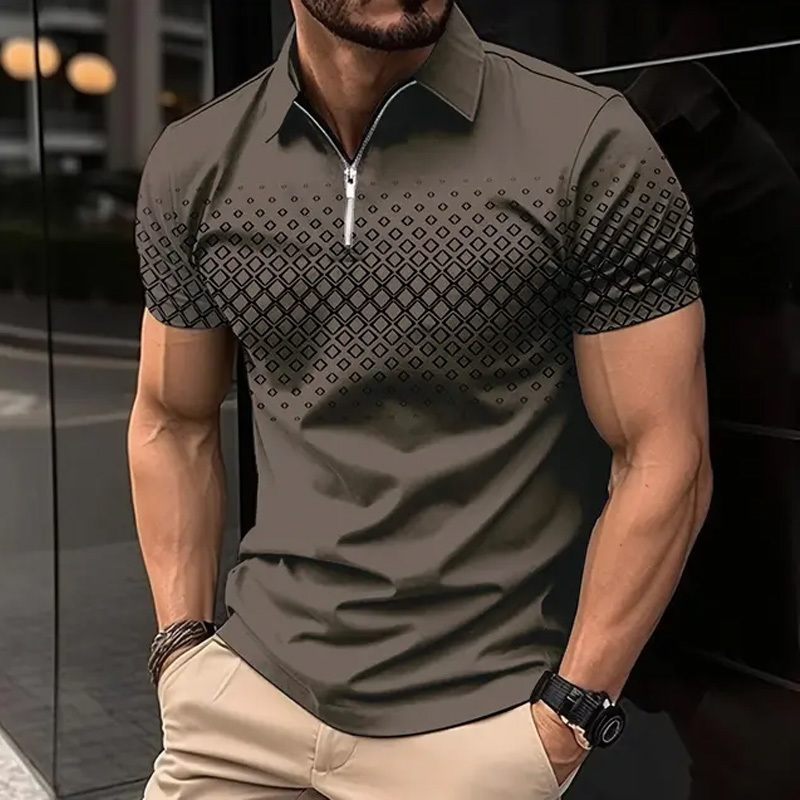 Mens Summer Fashion Lapel Zipper Print ShortSleeved Polo Shirt Light Business Casual Daily Top 240807