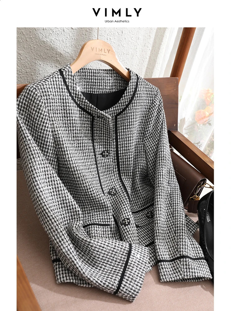 Vimly French Style Vintage Plaid Tweed Jacket Wool Blend Short Coat for Women Winter Spring In Outerwear Clothing V7732 240812