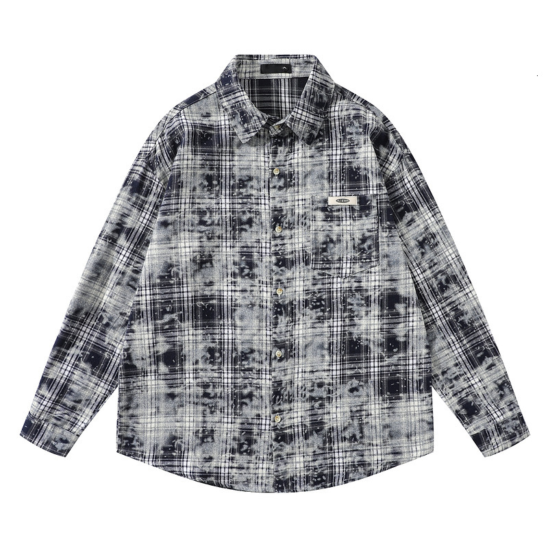 American Tie Dye Checkered Long Sleeved Shirt Mens Trendy Style Loose Fitting Couple Shirt Jacket