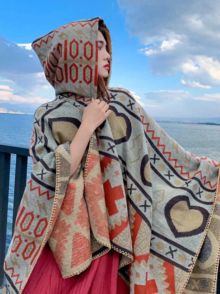 Imitation cashmere elegant womens scarf winter hooded raincoat warm womens bohemian thick packaging blanket Capa Para unprinted cashmere shawl W240810