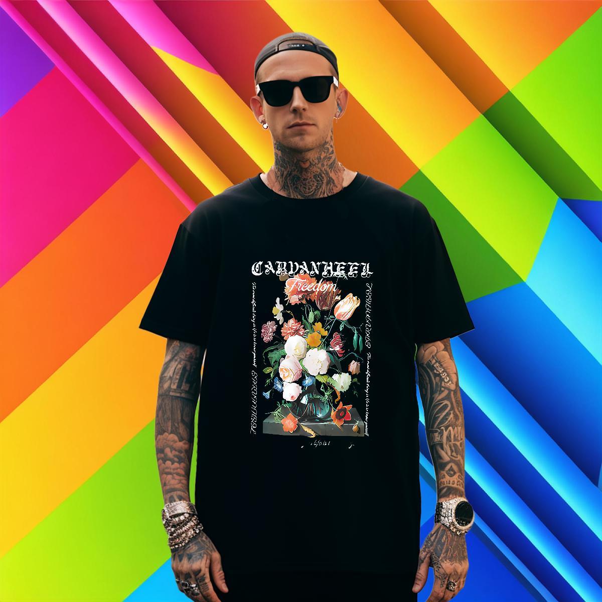 Man T Shirts 230g Pure Cotton flower Outdoor Short Sleeve Soft Anime Print Tshirts Fashion Design Loose Clothes