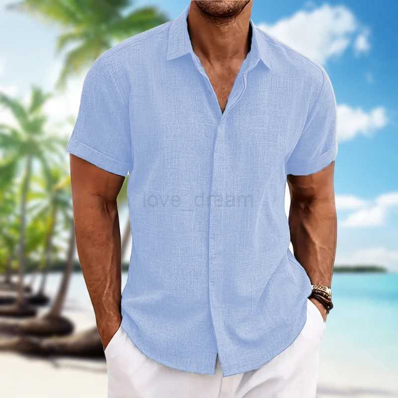 Mens short-sleeved shirt cotton linen lightweight skin-friendly beach top loose casual solid color fashion mens wearXJ240812