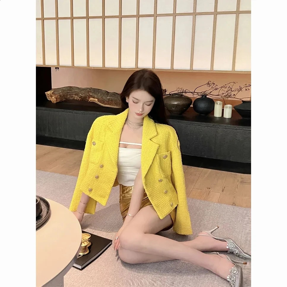 Womens Autumn Fashion Loose Cardigan Yellow Retro Tweed Short Suit Jacket Ladies Double Button Blazers 240812