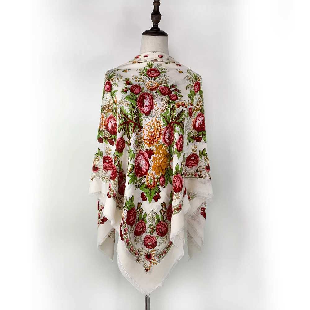130 * 130cm breathable thin Russian square scarf womens luxury floral print Ukrainian shawl traditional Babushka Bandana headscarf W240810