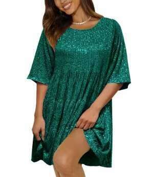 New Fashion Sequin Round Neck Loose Waist Sleeve Short Banquet Dress Waist Self-cultivation Bifurcated Novelty Temperament Lace Dress Silk Dress