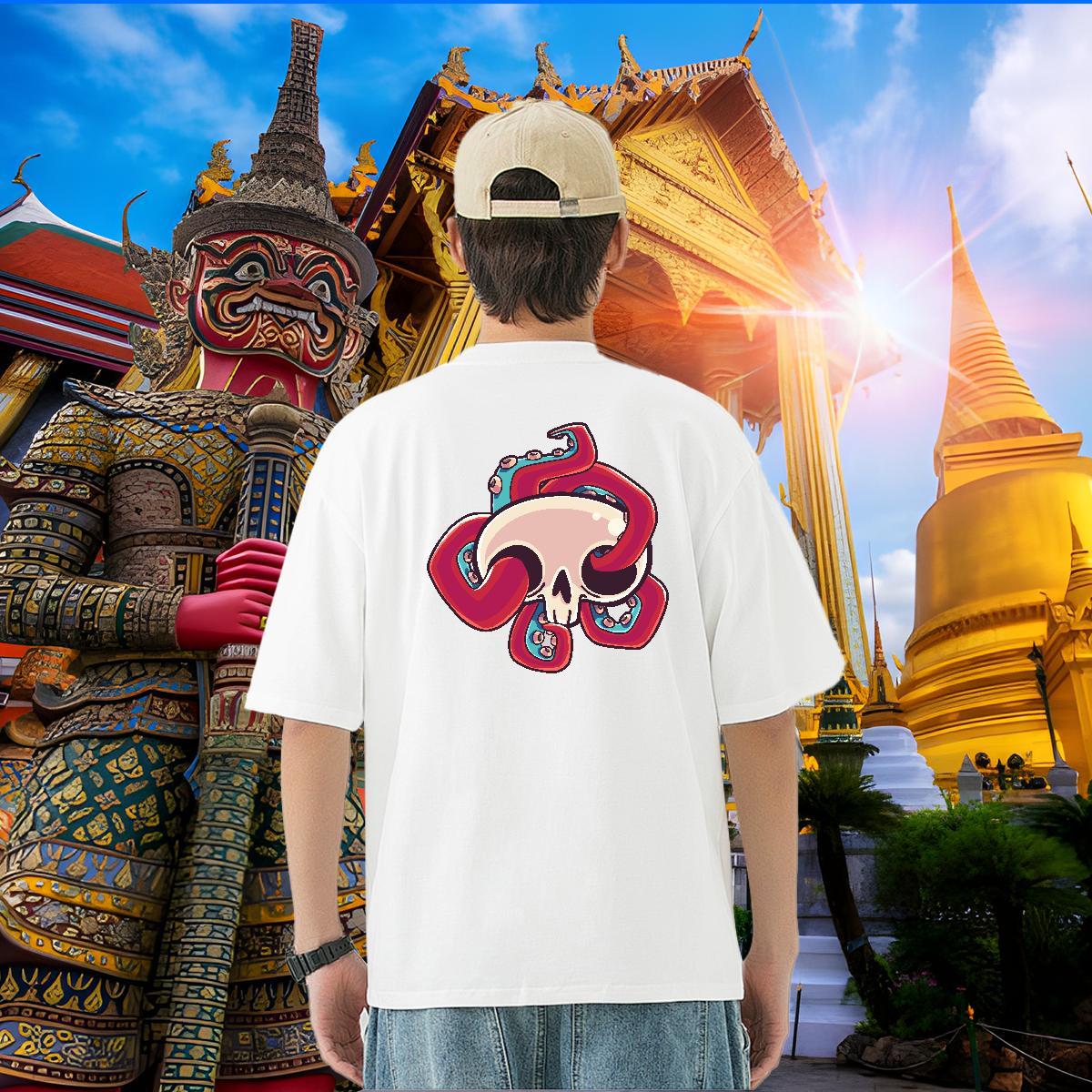 2024 Summer T Shirts Men skull Polos 230g 100% Cotton Daily Wear Loose Fit Custom Printing Breathable Soft Mens Tshirts
