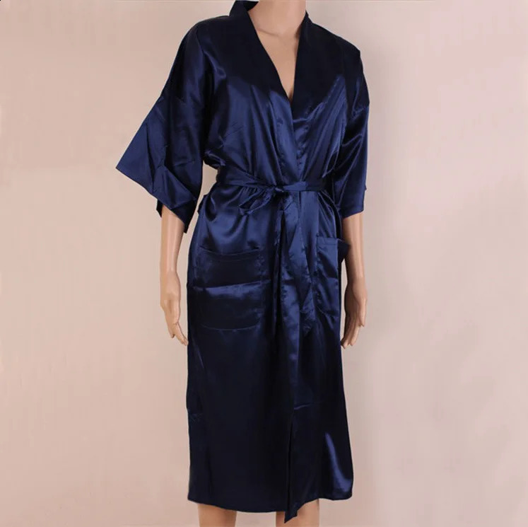 Navy blue Chinese Mens Robe Kimono Faux Silk Bath Gown Bathrobe Nightgown Sleepwear Hombre Pijama Size S M L XL XXL XXXL TB01M 240812