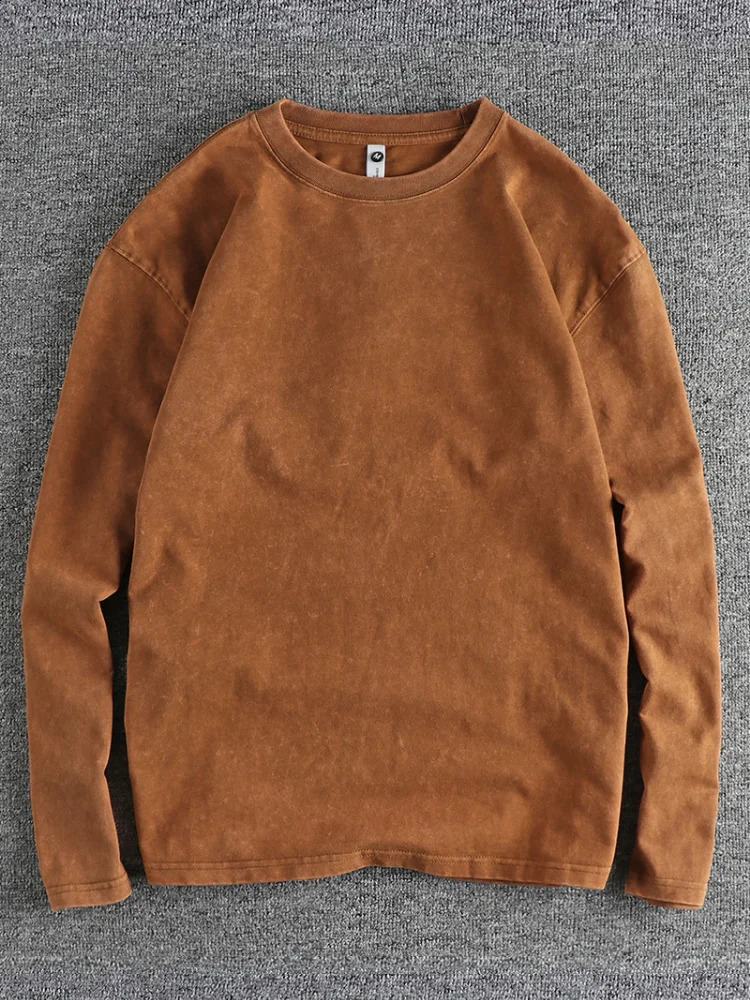 Autumn American Retro 270G Long-sleeved O-neck Heavyweight Solid Color T-shirt Mens Simple 100% Cotton Washed Casual Youth Tops 240812