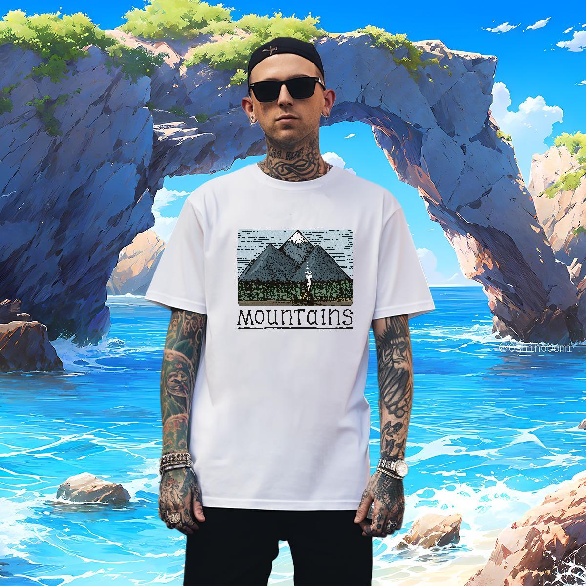 TOP Quality Tshirts mountains 230g 100% Cotton Daily Outfit Short Sleeve Soft Man T Shirts White Plus Size 2024 Tees Shirts