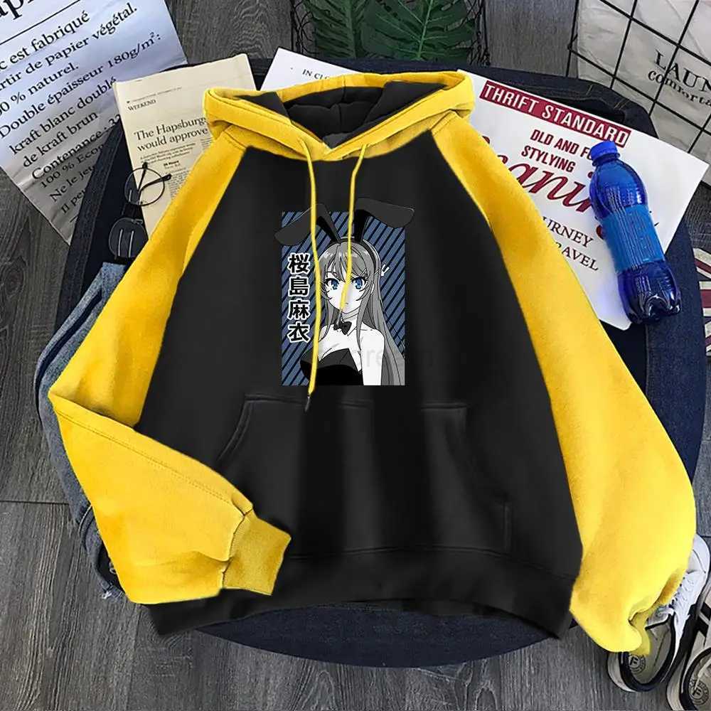 Korean Style Men Hoodie Love Novel Sakurajima Mai Bunny Girl Print Pullovers Warm Splicing Sweatshirts Fleece Pocket StreetwearsXJ240812
