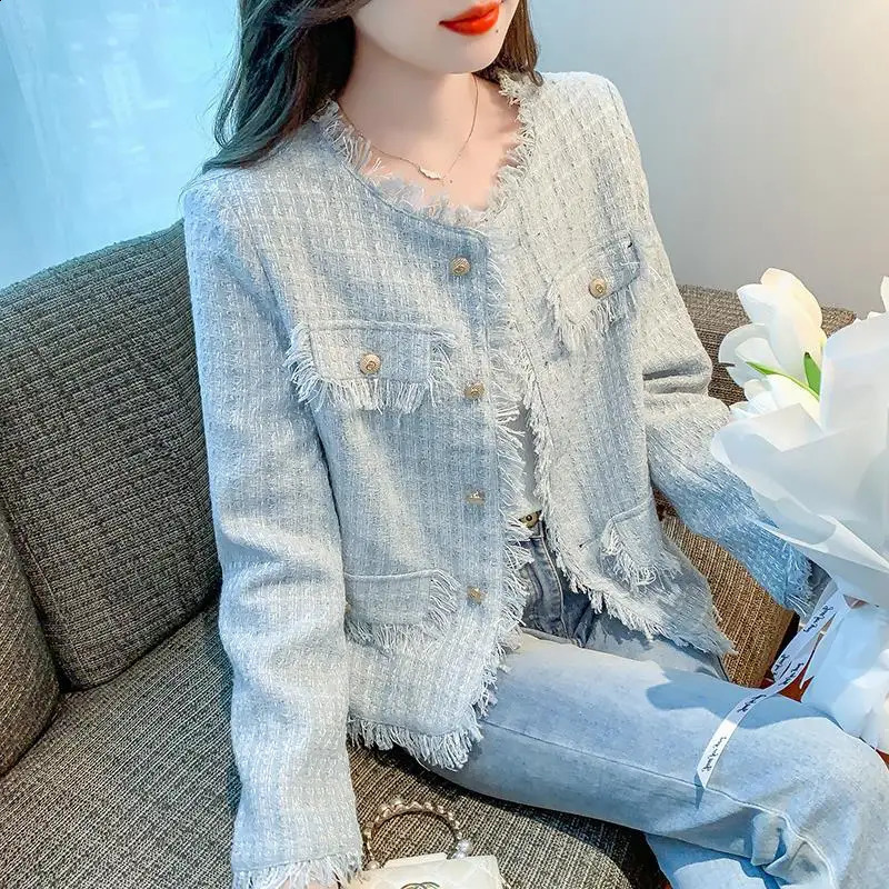 Light blue tweed tassel short jacket spring and autumn womens clothing jacket 240812