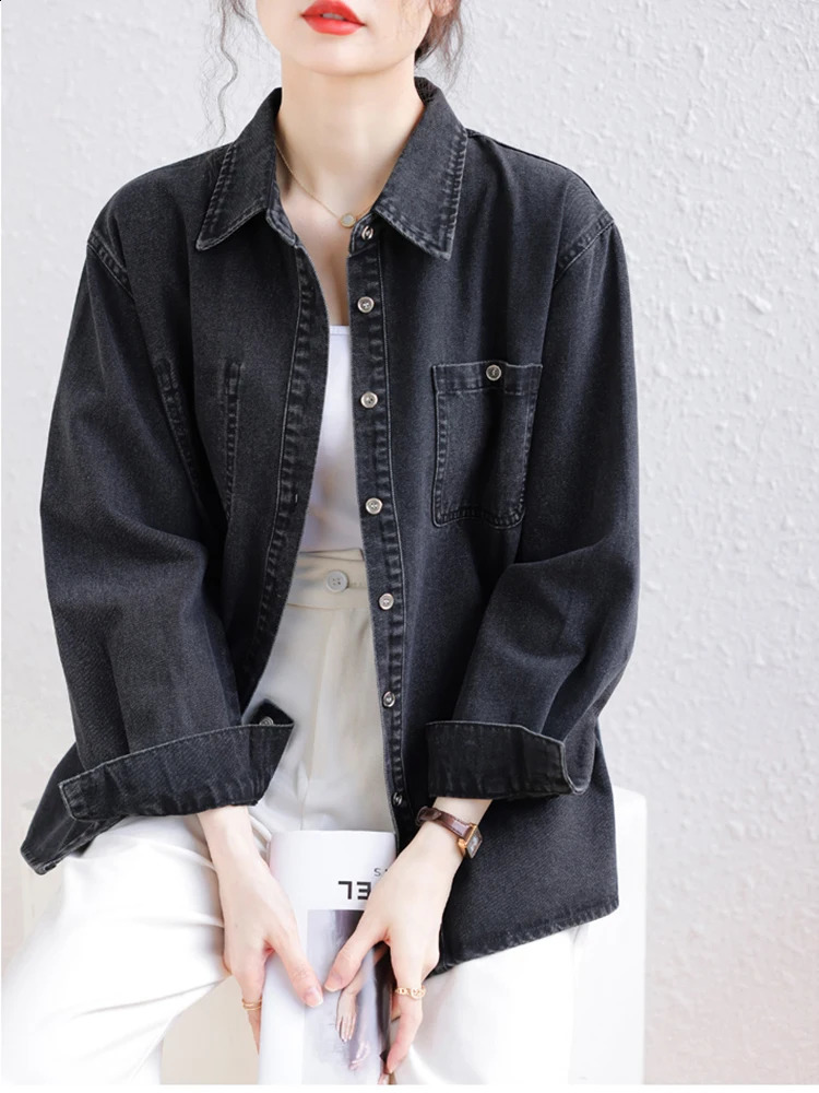 Black Thin Vintage Denim Shirts For Women 2024 Spring Streetwear Retro Long Sleeve Loose Jeans Tops Lady 240812