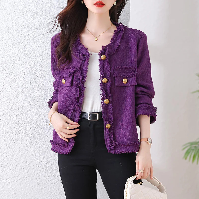 Purple long sleeved tweed womens coat autumn/winter tassel temperament small fragrant style top 240812