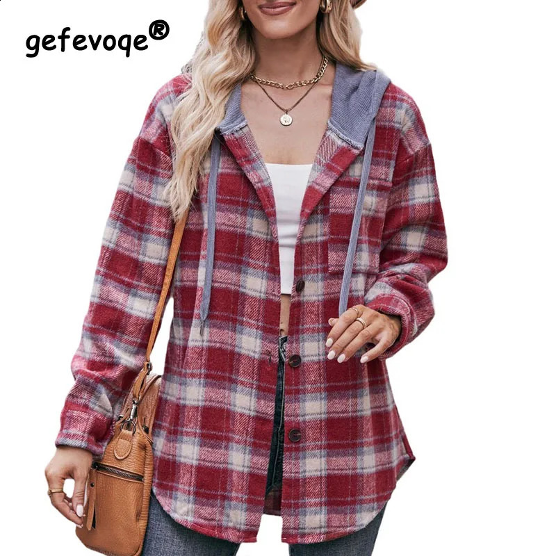 Autumn and Winter Womens Shirt Coat Fashion Casual Loose Flannel Plaid Comfortable Versatile Coat Hooded Shirt 240812