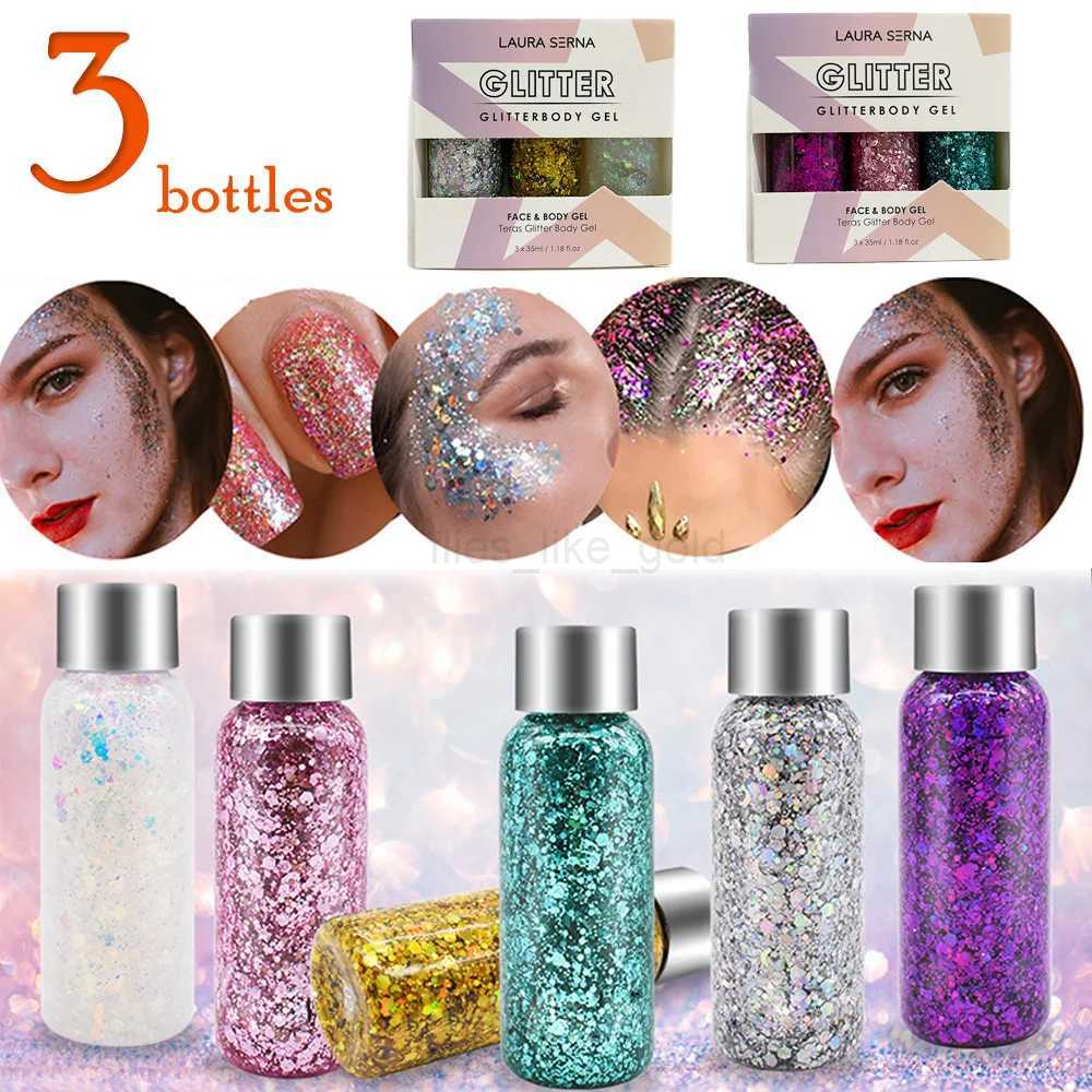 3 bottles of glitter makeup facial hair body glitter gel long-lasting glitter liquid eye shadow holiday party glitter bar makeup W240812